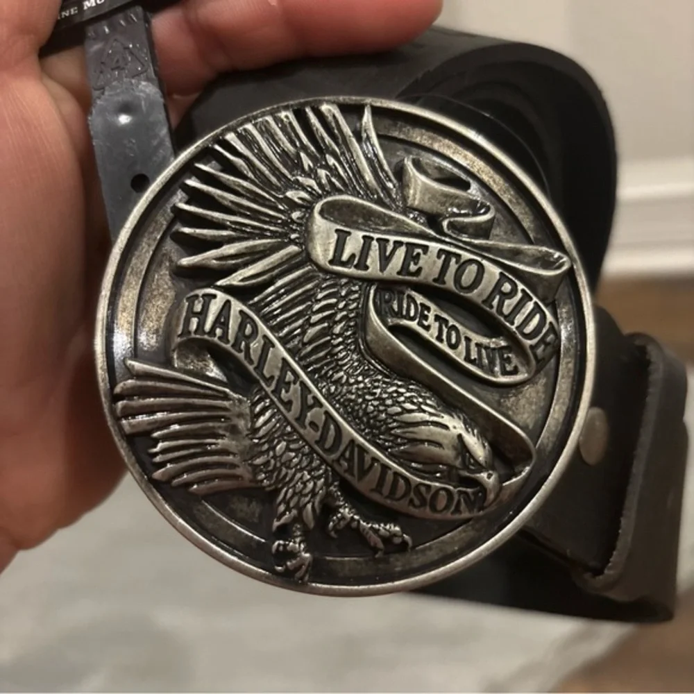 Harley Davidson Men Sz 38 Black Leather Belt with Live to Ride Eagle Belt Buckle